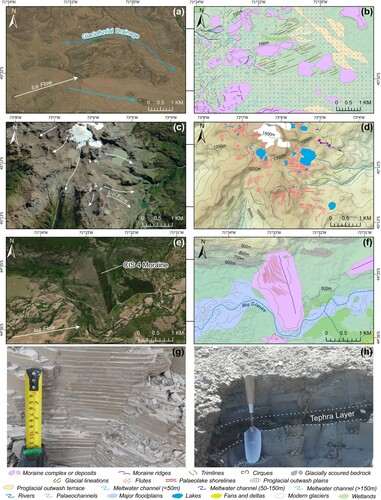 Figure 5. Subglacial and glaciolacustrine landforms and sediments. (a) Satellite image of glacial lineations in the Simpson/Paso Coyhaique valley. (b) Mapped glacial lineations in the Simpson/Paso Coyhaique valley, dissected by proglacial outwash plains. Glacial lineations are aligned in a west-east and southwest-northeast direction, and adjacent to moraine complexes or deposits. (c) Satellite image of recently deglaciated ice cap south of Volcán Macá. (d) Flutes mapped within the Andean Cordillera which demonstrate multiple, diverging, local ice-flow directions. (e) Satellite image of the CIS 4 moraine, Río Cisnes valley. (f) Short-lived, narrow, palaeolake shorelines embedded on the CIS 4 moraine. (g) Laminated glaciolacustrine sediments located in the centre of the Río Pico palaeolake basin. (h) Glaciolacustrine sediments dissected by a tephra layer (cf. CitationStern et al., 2015) in the Río Cisnes valley.