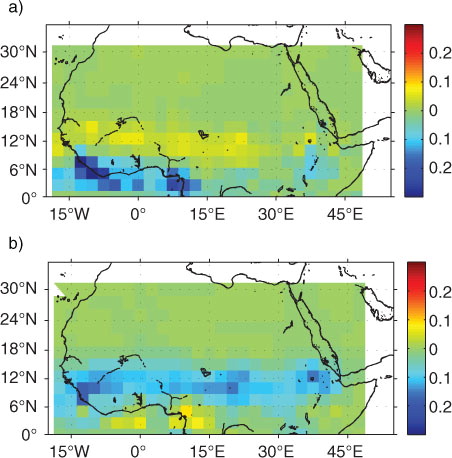 Fig. 6 (a) First EOF mode of GPCP seasonal JJAS precipitation over the period 1979–2010, mode one explains 42% of total GPCP variance. (b) As in (a) but for second mode of GPCP precipitation, which explains 12% of total GPCP variance.