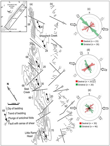 Figure 21. Fold form surface map and distribution of major faults northwards from the Little Rame Head. The inset shows the location. (a) Map-scale outcrop pattern of F2 folds with a Z-shaped vergence (b) The map-scale pattern of the more prominent faults. (c–e) Rose diagrams from the north, central and southern areas, highlighting the sense of shear and strike-direction associated with the major faults. These indicate there was a near-east–west-trending compression event postdating the regional folding event producing the dominant northwest-trending sinistral faults.