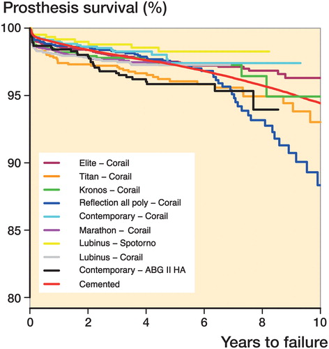 Figure 4. Prosthesis survival with revision of either cup or stem for any reason, and with adjustment for sex, age, diagnosis, and period.