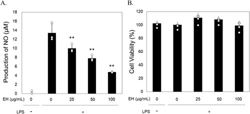Figure 1. E. hirta leaves extract suppress nitric oxide (NO) production in LPS-induced RAW 264.7. A. The effects of E. hirta leaves extract on the induction of NO production. B. The cell viability of (A) assesed by WST assay. The RAW 264.7 cells were treated with LPS and/or extracts for 24 h. The NO levels in the medium and WST-1 were measured in triplicate (n = 3) and are shown as a means ± standard deviation (SD). * P < 0.05 and ** P < 0.01 versus LPS alone.