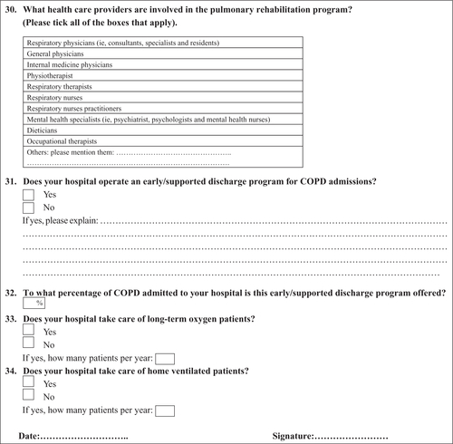 Figure S1 Organizational questionnaire used to evaluate care within hospital services for patients with respiratory diseases such as COPD.Notes: This material has not been reviewed by European Respiratory Society prior to release; therefore the European Respiratory Society may not be responsible for any errors, omissions or inaccuracies, or for any consequences arising there from, in the content. Adapted and reproduced with permission of the European Respiratory Society: An International Comparison of COPD Care in COPD Care in Europe. Results of the First European COPD Audit. Published by European Respiratory Society ©. First Edition 2012.