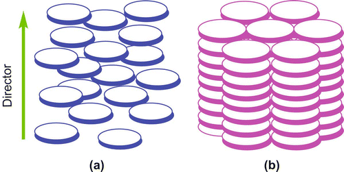 Figure 1. Schematic representation of (a) a discotic nematic (b) a columnar phase.