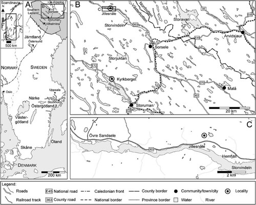 Figure 1. Maps showing locality where the sample was collected (star in C). The shaded area in Fig. A shows the County of Västerbotten. The sample was found ca. 560 m NNE of Jillesnåle farm, situated close to the northern shore line of the northwestern end of Lake Storvindeln (Fig. C) in northwestern Västerbotten County, Sweden.