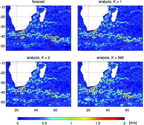 Figure 11. Surface velocity magnitude in a realistic ocean DA system: the forecast, and analyses obtained with different K-factors.
