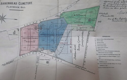 Figure 1. Plan of Birkenhead Cemetery, Flaybrick Hill (1864).Source: Wirral Archives, W/B/160/3; detail. Image reproduced with permission.