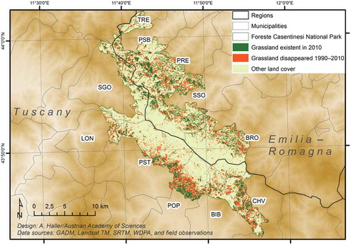 Figure 3. Grasslands in the Foreste Casentinesi National Park. The municipalities of Bagno di Romagna (BRO), Portico e San Benedetto (PSB), Premilcuore (PRE), Santa Sofia (SSO), Tredozio (TRE), Bibbiena (BIB), Chiusi della Verna (CHV), Pratovecchio-Stia (PST), Poppi (POP), Londa (LON), and San Godenzo (SGO) are indicated.