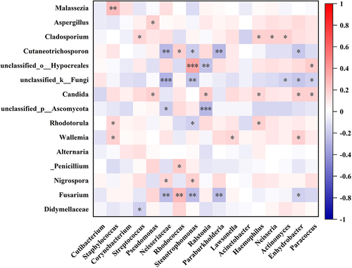 Figure 7 Spearman correlations between facial bacterial and fungal abundance. *p < 0.05, **p < 0.01, ***p < 0.001.