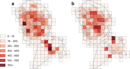 Figure 13. Average number of visitors (PR+PNR) for day (a) and night (b) for a grid data.