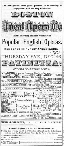 Figure 11. Playbill from a performance of Fatinitza by the Boston Ideal Opera Company at the Grand Opera House (Chicago) in December 1880. The bill promises “popular English operas rendered in purest Anglo-Saxon.” Grand Opera House Playbills, Special Collections, Chicago Public Library.