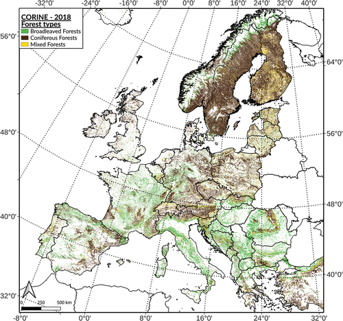 Figure 5. Comparison between broadleaved, coniferous and mixed forest based on the CORINE land cover map (2018).