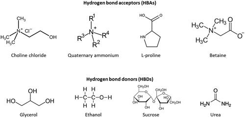 Figure 1. Chemical structures of commonly used HBAs and HBDs in preparation for DES.