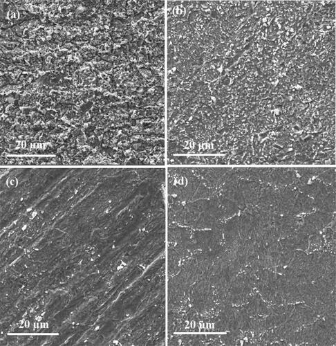 Figure 1. SEM micrographs of (a) specimen immersed in 1.00 M HCl in the absence of inhibitors, (b) specimen immersed in 1.00 M HCl containing 1000 μM of Inh. 5, (c) specimen immersed in 1.00 M HCl containing 1000 μM of Inh. 3, (d) specimen immersed in 1.00 M HCl containing 1000 μM of Inh. 4 at magnification 20 μm at scanning speed 20 mm/s.