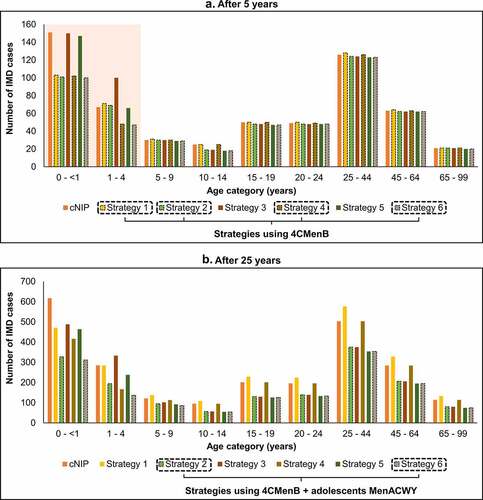 Figure 6. Impact of vaccination strategies: cumulative IMD cases by age group, (a) after 5 years and (b) after 25 years. Impact of vaccination strategies on the cumulative number of invasive meningococcal disease (IMD) cases by age group compared with the current National Immunization Program (cNIP), (a) after 5 years of vaccination, and (b) after 25 years of vaccination. Abbreviations: 4CMenB, four-component meningococcal serogroup B vaccine; MenACWY, quadrivalent meningococcal conjugate vaccine.