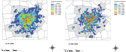 Figure 4. Density of trip starts (left) and ends (right) (trips per acre) for Atlanta on a weekday morning.