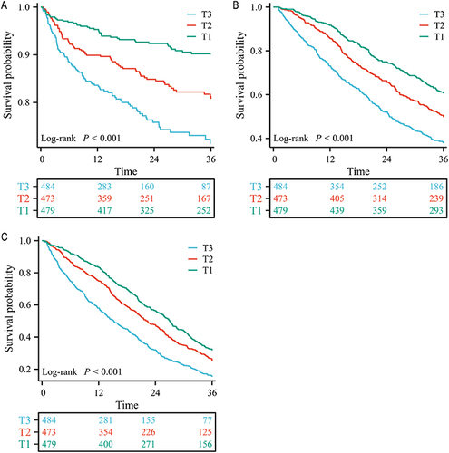 Figure 3 Kaplan‒Meier survival curve for clinical outcomes across METS-IR tertiles. (A), Nonfatal MI (B), Cardiovascular death (C), MACEs.