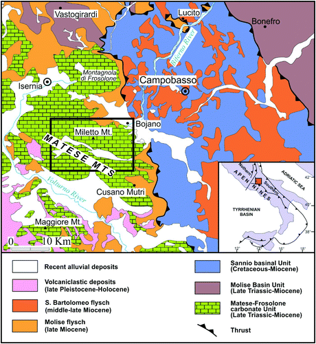 Figure 1. Geological sketch map of the north-eastern portion of the Southern Apennines with the location of the study area (modified after Vezzani et al., 2004).