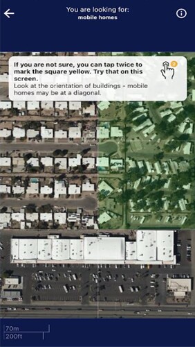 Figure 3. Mobile Home Project Interface on MapSwipe platform. The image shows the tutorial, where volunteer users are trained to distinguish MMHC from regular buildings and mark it green if it contains MMHC.