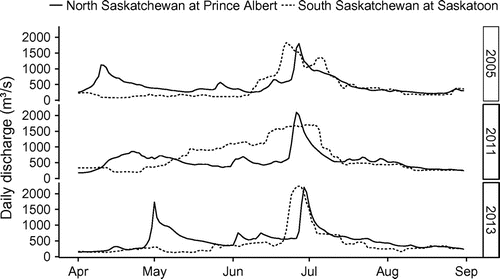 Figure 11. Daily flows of the South Saskatchewan River at Saskatoon and the North Saskatchewan River at Prince Albert in 2005, 2011 and 2013.