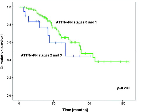 Figure 3. Survival according to ATTRv-PN Coutinho stage at first contact (n = 119 patients).