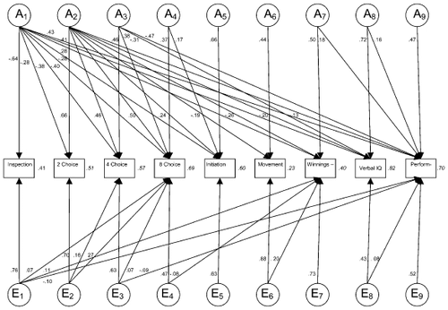Figure 1. Path diagram depicting the standardised path coefficients for the reduced additive genetic and unique environmental Cholesky decomposition of covariance among Processing Speed, Delayed Response (DR) Speed and Accuracy, and IQ Variables. Italic = heritability of each measure.