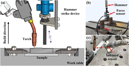 Figure 1. Experimental equipment diagram (a) Schematic diagram of hammer-forging assisted Wire-arc DED platform (b) Hammer-forging force measuring device (c) Temperature measuring equipment.