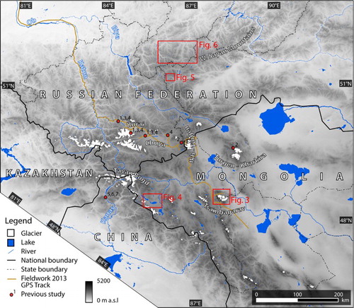 Figure 2. Physiography and administrative borders of the Altai region. The locations of previous studies of paleoglaciology and glacial geomorphology are shown: (1) CitationRudoy (2002), (2) CitationLehmkuhl et al. (2004), (3) CitationHerget (2005), (4) CitationReuther et al. (2006), (5) CitationXu et al. (2009), (6) CitationXu (2010), and (7) CitationZhao et al. (2013). Red boxes with numbers denote the locations of Figures 3Figure 4Figure 5–6. The background topographic data consist of the Aster Global Digital Elevation Model (AGDEM). Contemporary glacier extent is from the Randolph Glacier Index (RGI) (CitationArendt et al., 2012).