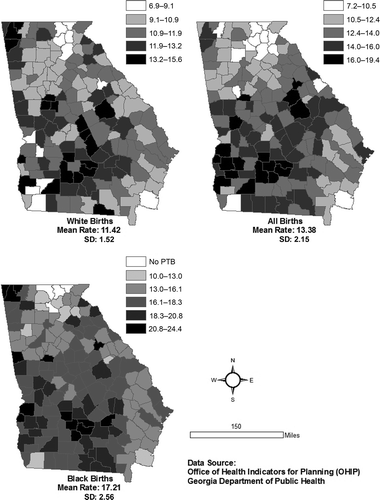 Figure 1. Percentage of raw preterm births at the County level in Georgia, USA, 1995–2000.