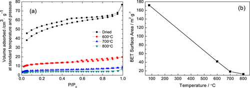 Figure 8. N2 adsorption–desorption isotherms (a), BET surface area (b) of ZrO2 monoliths heat-treated at various temperatures.