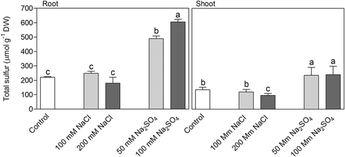 Figure 4. Impact of NaCl and Na2SO4 salinity on mineral nutrient composition of root and shoot of Allium cepa. Different letters indicate significant difference (p < 0.01; One-way ANOVA, Tukey’s HSD all-pairwise comparisons as a post-hoc test).