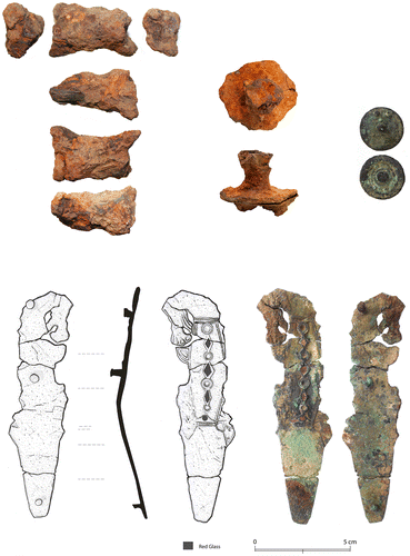 fig 3 Objects associated with one or more shields at Location 3, including: (a) the iron shield boss, (b) a possible iron grip, (c) a copper-alloy stud, and (d) the incomplete zoomorphic mount. Drawings by Mark Hoyle. Photograph by Rob Collins.