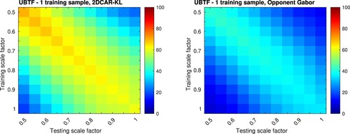 Figure 13. The classification accuracy [%] for all combinations of scales among training and test sets on the Wood UTIA BTF dataset, one training sample per class was used.