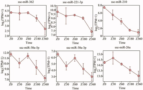 Figure 5. Temporal expression profiles for chronologic age-associated marker miRNAs (miRs). TPM: transcripts/million.