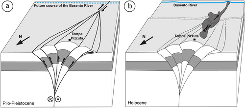 Figure 9. Schematic 3D block diagrams showing: (a) the development of a dextral transpressional fault zone in the considered sector of the southern Apennine thrust-belt during Plio-Pleistocene; (b) Present-day position of the BMSL. Not to scale. Source: Author