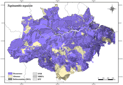 Figure 113. Occurrence area and records of Tupinambis teguixin in the Brazilian Amazonia, showing the overlap with protected and deforested areas.
