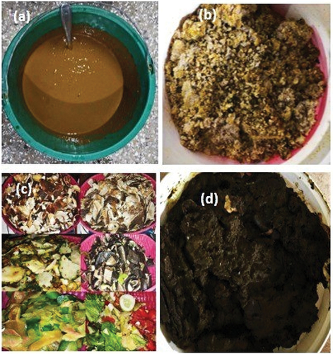 Figure 1. Different feedstocks used in this study (a) Human Excreta (HE), (b) Food Leftovers (FLO), (c) Kitchen Residue (KR) and (d) Cow Dung (CD).