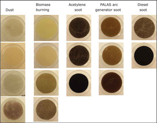 Figure 1. PM deposits on Teflon-membrane filters, indicating an array of different colors. Dust samples were dried, sieved, and sampled onto filters through size-selective inlets (Chow et al., 1994). Acetylene and PALAS soot generators have been developed for BC standardization and exposure studies (Evans et al., Citation2003; Frenklach et al., Citation1986; Mendiara et al., Citation2005). Filters were retrieved from DRI sample archive.