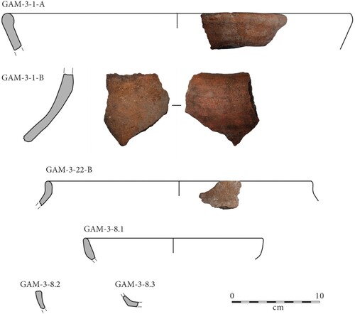 Figure 14. Earthenware rim and neck sherds recovered from Nyandebas (GAM-3). GAM-3-1-A, large rim from surface of site with internal red slip; GAM-3-1-B, neck from surface of site with internal red-slip, which presumably derives from same vessel as GAM-3-1-A; GAM-3-22-B, thin rim, unslipped, from TP4 Layer 1, Spit 3, made from a different fabric to GAM-3-1-A and GAM-3-1-B; from TP2 Layer 1, Spit 1, are GAM-3-8.1 and GAM-3-8.2, thin rims, and GAM-3-8.3, a thin corner point of dish, all unslipped and made from a similar fabric to GAM-3-22-B.