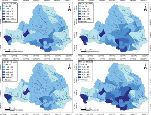 Fig. 6 Spatial distribution of mean annual runoff under MRI scenarios.