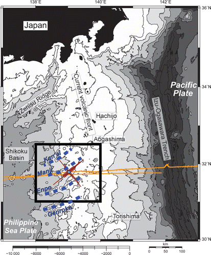 Fig. 1.  Bathymetry of the northern Izu-Ogasawara arc showing the rear-arc drilling site U1437 (light blue star). Bold blue dotted lines show four en-echelon chains of back-arc seamounts extending obliquely in an ENE–WSW direction, from the back-arc knolls zone to the Shikoku Basin. Red and yellow lines indicate the survey lines used in this study.