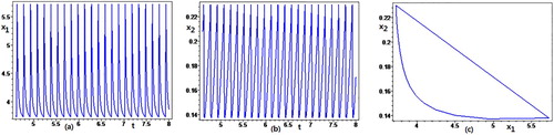 Figure 5. Time series and phase portrait of the order-1 periodic solution of system (Equation3(3) {dx1dt=(μ1(δS0−x1−x2)−Q~)x1+ρ(x2−x1),dx2dt=(μ2(δS0−x1−x2)−Q~)x2+ρ(x1−x2),}x2<h,Δx1=τ,Δx2=−θx2,}x2=h.(3) ) with the parameters μ1=10,μ2=6,δ=0.5,Q~=0.55,ρ=0.23,S0=8,h=0.33,τ=2,θ=0.2.