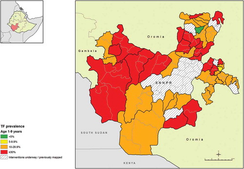 Figure 2. Prevalence of trachomatous inflammation – follicular (TF) in children aged 1–9 years, Global Trachoma Mapping Project, Southern Nations, Nationalities, and Peoples’ Region, Ethiopia, 2013–2014.