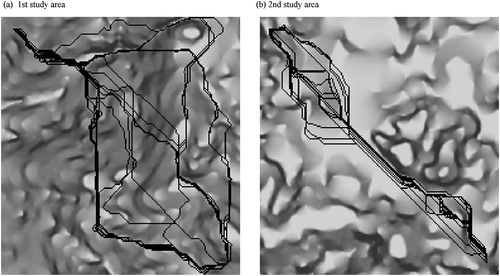 Figure 1. Variations of least-cost paths in two different areas. Each of (a) and (b) superimposes 24 least-cost paths (sequences of darkly shaded cells) between two cells (one near the upper left corner and the other near the lower right corner) on different cost grids (not shown) transformed from their common slope grid (on which darker shades represent steeper slopes).