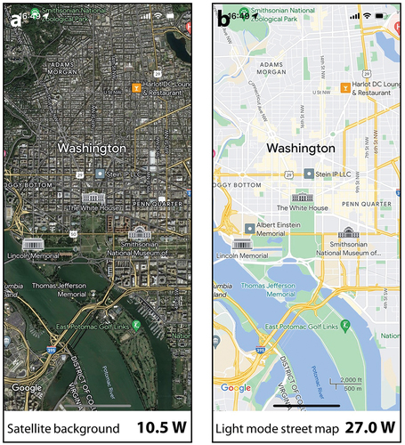 Figure 1. Estimation of the energy consumption of a Google map with a satellite background (a) and that of a light mode street map (b) on a 2,340 × 1,080 pixel OLED screen.