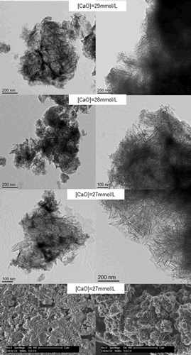 5 Micrographs (TEM and SEM) of C-S-H samples synthesised by controlled hydration of C3S with ultrasound vibrations (left images) and use of C-S-H precursor (X-SEED®) (right images). Lime concentration is indicated in micrographs. Micrographs (TEM) show thick foil-like particles (ultrasound) and mixture of foils and fibres (X-SEED®). Secondary electron micrographs (SEM) (bottom images) show flattened surface with ultrasound and rosette-like surface with X-SEED®