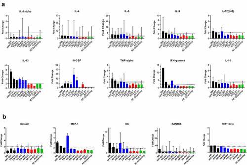 Figure 6. Cytokine responses in mice after infection with isolates of C. burnetii. Mice were infected with C. burnetii isolates via inhalation and serum from groups of mice infected with the same isolate were pooled for cytokine analysis using a magnetic bead-based Bio-Plex assay on a MagPix instrument. Fold change in (a) cytokine and (b) chemokine levels at day 10 pi relative to PBS infected mice are displayed. Changes larger than 2-fold (dotted line) were considered significant. Error bars represent 95% confidence intervals for fold change. Confidence intervals for IFN-gamma and MIP-1 beta were not possible to calculate using Fieller’s method. Sequence types are grouped by color: ST16/26 (black), ST20 (blue), ST8 (red), and ST1-7/30 (green)