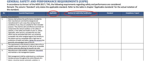 Figure 3. Screenshot of an example form to document compliance of requirements with the MDR, and reference to several ISO standards where applicable to show this compliance.