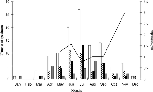 Figure 1. Month‐by‐month observed frequencies of occurrence and sex ratio of cave salamanders in AA2 and EN caves. Symbols: white columns = total sampled specimens; black and white diagonal striped columns = males; black columns = females; grey columns = juveniles; black line = sex ratio (males/females).