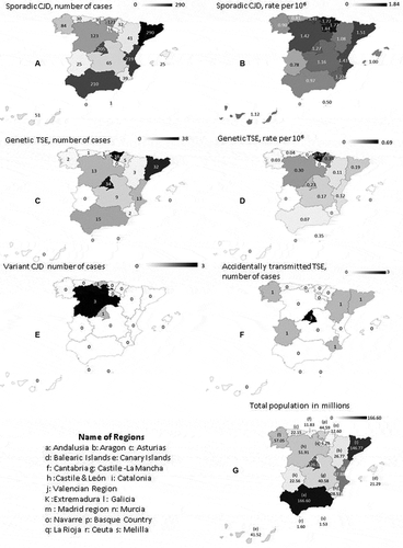 Figure 4. Geographical patterns in Spain of: (a) sporadic Creutzfeldt-Jakob disease (sCJD), number of cases (b) sCJD age-adjusted incidence; (c) genetic transmissible spongiform encephalopathy (gTSE), number of cases; (d) gTSE incidence; (e) variant Creutzfeldt-Jakob disease (vCJD), number of cases; (f) accidentally transmitted Creutzfeldt-Jakob disease (atCJD); and (g) population in millions