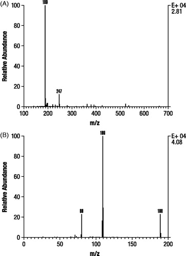 Figure 7. Mass spectra evaluation of M3 isolated from dog urine in the second canine study. Precursor electrospray ionization spectrum (A). Product ion scan of m/z 189 ion of component M3 (B).